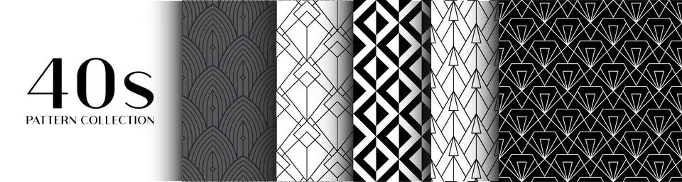 1940s Seamless Patterns Collection Black and White Geometric Vintage イラスト素材