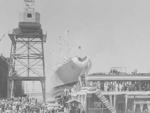 1940s: Ship launched from shipyard Video stock 231185126