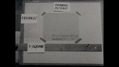 1940s: signs with objects: drawing board, triangle, compass, t square, Stock Footage 232949937