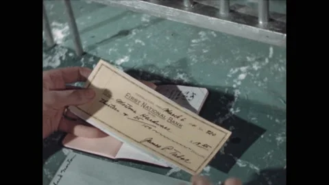 1940s: Teller inspects checks and fills out deposit slip at window. Stock Footage 168630945
