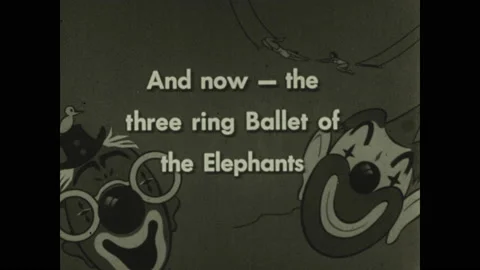 1940s: title card: "three ring ballet of the elephants", trainers walk Stock Footage 130358975