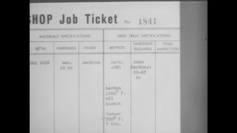 1940s: UNITED STATES: Job ticket document. Carburizing, hardening, and tempering Stock Footage