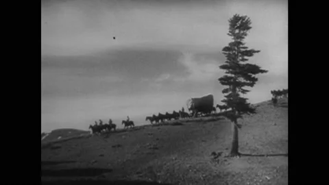 1940s: Wagon train across land. Map of United States becomes colonized with Stock Footage 140917045