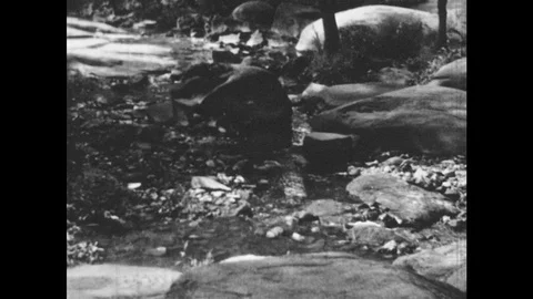 1940s: Waters runs down rocks. Stone cross stands on cairn. Hand and pointer Stock Footage 92502465