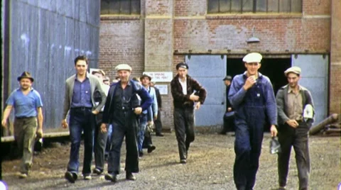 1940s Workers QUITTING TIME Men Leave Job Factory Industrial Vintage Movie Film Stock Footage