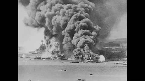 1941 - As the damage from Pearl Harbor is shown, FDRs speech announcing war is Stock Footage
