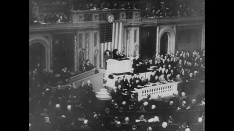 1941 - In this documentary directed by Frank Capra, FDR appeals to Congress to Stock Footage 136192208