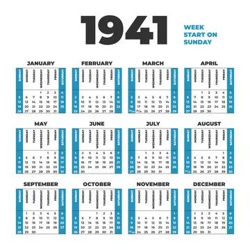 1941 year vector calendar. Weeks start on Sunday Stock Illustration