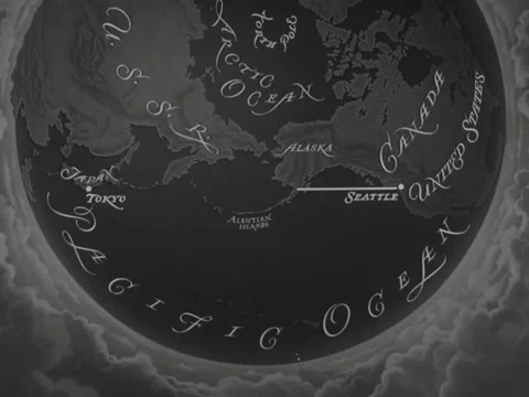 1942: Animated map of distance from Seattle to Alaska to Tokyo Stock Footage 219444366