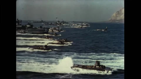 1942 Pacific War - US Navy landing crafts heading for Iwo Jima Beaches Stock Footage 232383256