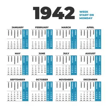 1942 year vector calendar. Weeks start on Monday Stock Illustration