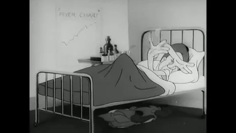 1943 - An animated soldier awakens in a hospital, returns to peeling potatoes Stock Footage