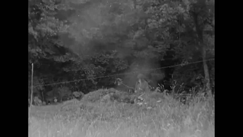 1944 - 81mm mortar crews fire from a foxhole during the battle of Saint-Lo, Stock Footage 221833732