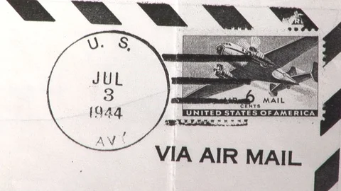1944 Air Mail envelope showing vintage transport plane stamped Jul 3rd 1944. Stock Footage 105543530
