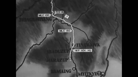 1944 - Animated map of Traffic Control System and MP Quarters in Burma during Stock Footage 246280506