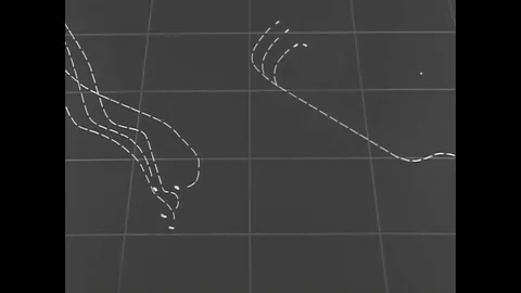 1944 - In this animated sequence, an aerial view shows US Navy cruisers fighting Stock Footage 90623734