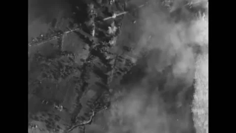 1944 - Bombs fall and explode during the bombing of Cassino, Italy, and a Stock Footage 232892800