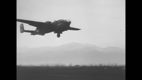 1944 - US Army Air Force B-25 Mitchells take off from Pompeii and bomb Cassino, Stock Footage 162737629