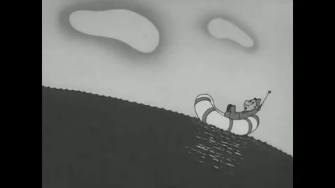 1945 - An animated Japanese sailor and an American soldier are adrift at sea in Stock Footage