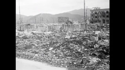 1945 - Devastation in Hiroshima, Japan after the atomic bomb is dropped includes Stock Footage 146452585