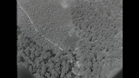 1945 - Excellent aerial view of buzz bomb launch sites hidden in a German Stock Footage 203712842