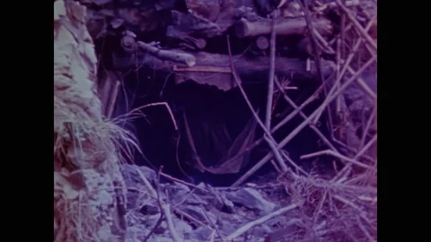 1945 - A fiery explosion inside a hillside fort leads to US Marines discovering Stock Footage 164453026