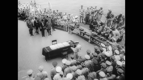 1945 - General MacArthur proclaims Japan's formal surrender ceremony to be Stock Footage 221862292