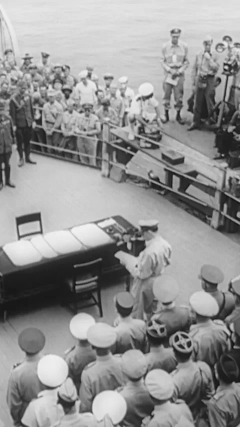 1945 - General MacArthur proclaims Japan's formal surrender ceremony to be Stock Footage 287579776