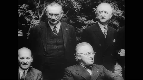 1945 - Harry Truman, Clement Attlee, and Joseph Stalin attend the Potsdam Stock Footage 221861729