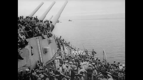 1945 - Japan's surrender party, led by Mamoru Shigemitsu, boards the USS Stock Footage 221861055