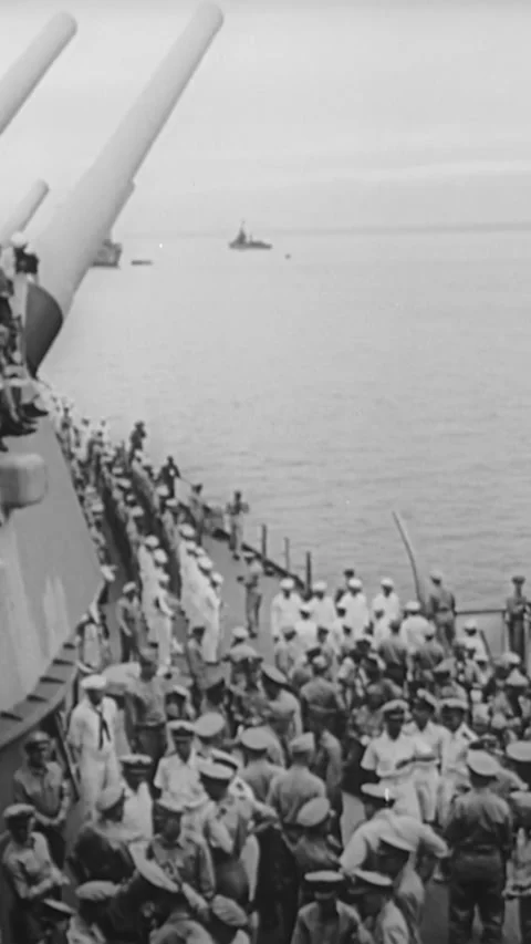 1945 - Japan's surrender party, led by Mamoru Shigemitsu, boards the USS Stock Footage 287583217