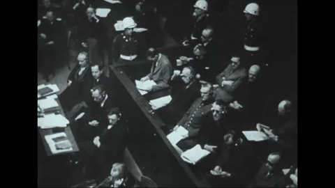 1945 - Prosecutor Robert H. Jackson questions Goering at the Nuremberg Trials Stock Footage 110346460