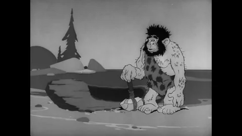 1946 - An animated caveman next to a canoe, a pirate with a ship, a seaman with Stock Footage 79528532