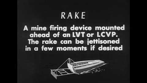 1947 - A rake is attached to the forward part of an LCVP and used to explode Video stock 159146814