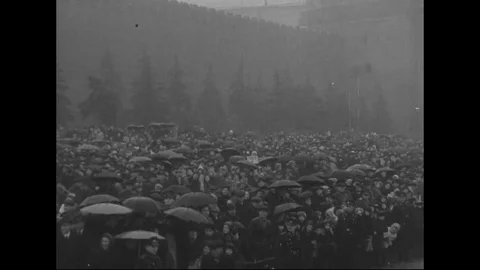 1947 - Soviet army bands march and play in a military parade through Moscow's Stock Footage 129055459