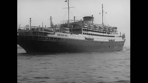 1948 - View from a ferry in New York Harbor showing the back of MS Vulcania or Stock Footage 205601356