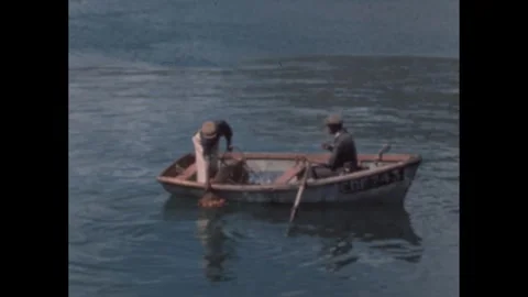 1950s: 2 men in small rowboat, one holds oars while other pulls up rope to Stock Footage 289771838