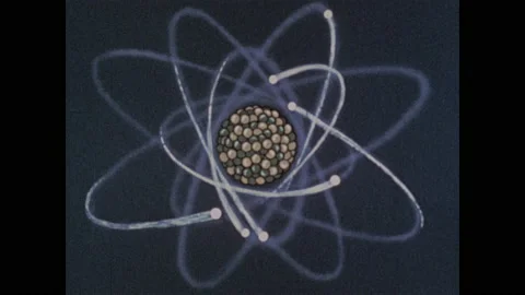 1950s: Albert Einstein. Atom in motion. Electron splits atom into two atoms, Stock Footage 159101536