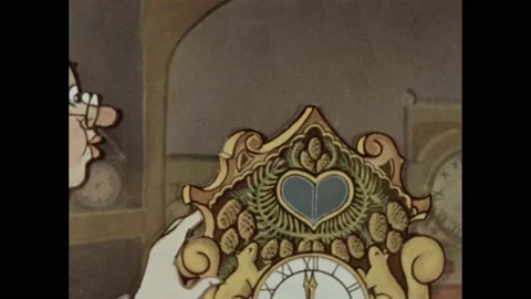 1950s: Animated clockmaker looking at his clock and talking. Clockmaker Stock Footage 165356340