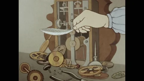 1950s: Animated feather waving in front of dismantled clock. Clack being Stock Footage 165356360