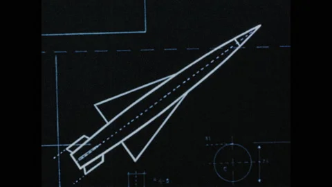 1950s: Animation, blueprint of rocket, rocket flies off page. Rocket flying, Stock Footage 130357718