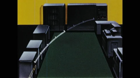 1950s: Animation of computer, rocket trajectories appear over image. View of Stock Footage 130357657