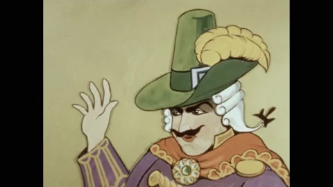 1950s: Animation of important man talking. Clockmaker showing off fancy clock. Stock Footage 165356353