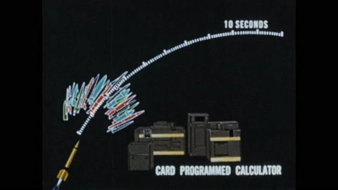 1950s: Animation of missile trajectories, computer calculating missile flights. Stock Footage 130357699