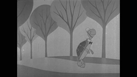 1950s: Animation.  Turtle in helmet walks down path.  Turtle sniffs flower.  Stock Footage 161169167