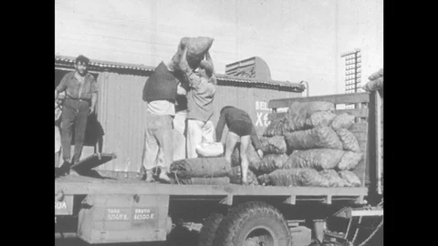 1950s: ARGENTINA: workers unload sacks from train. Man checks timber. Title for Stock Footage