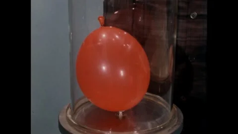1950s: Balloon on string inflate in bell jar. Boy turns off vacuum pump and Stock Footage 279162454