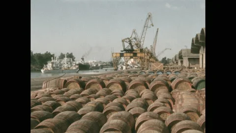 1950s: Barrels lined in rows on shipping dock. Boat goes by in water. Woman Stock-Footage 140163182