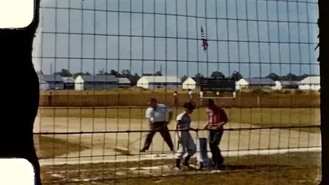 1950s baseball field being swept. Vintage 8mm Home Video. Stock Footage 279860361
