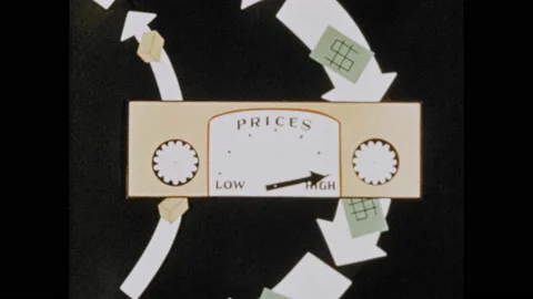 1950s: boxes and money flow through machine labeled Prices, with a gauge Stock Footage 196949735